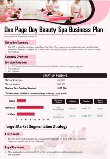 One page day beauty spa business plan presentation report infographic ppt pdf document