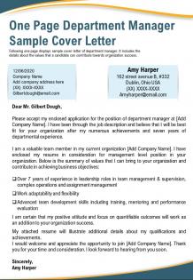 One page department manager sample cover letter presentation report infographic ppt pdf document