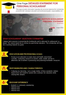 One page detailed statement for personal scholarship presentation report infographic ppt pdf document