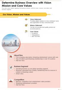 One page determine business overview with vision mission and core values report infographic ppt pdf document