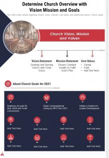 One page determine church overview with vision mission and goals presentation report infographic ppt pdf document
