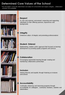 One page determined core values of the school presentation report infographic ppt pdf document