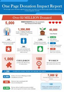 One page donation impact report presentation report infographic ppt pdf document