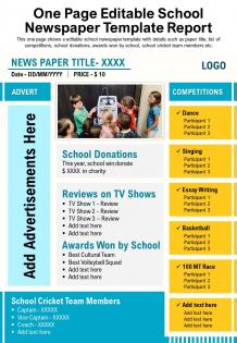 One page editable school newspaper template report presentation report infographic ppt pdf document