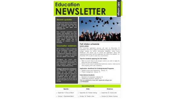 One Page Education Newsletter Presentation Report Infographic Ppt Pdf Document