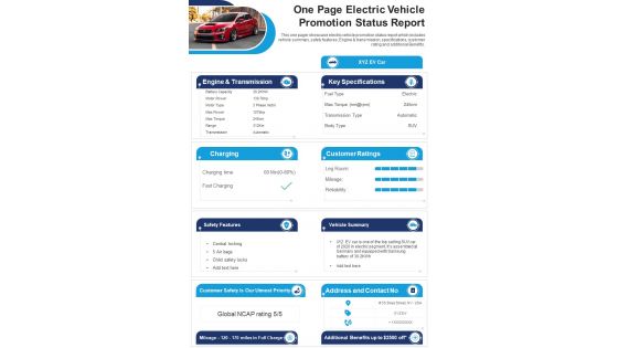 One Page Electric Vehicle Promotion Status Report Presentation Infographic PPT PDF Document