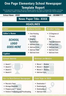 One page elementary school newspaper template report presentation report infographic ppt pdf document