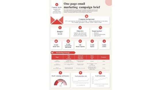 One Page Email Marketing Campaign Brief Presentation Report Infographic Ppt Pdf Document
