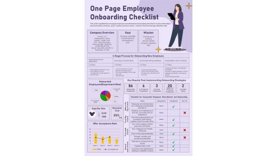 One Page Employee Onboarding Checklist Presentation Report Infographic PPT PDF Document