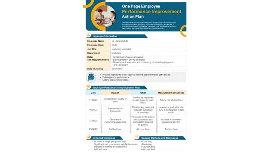One Page Employee Performance Improvement Action Plan Presentation Report Infographic PPT PDF Document