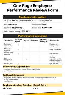 One page employee performance review form presentation report infographic ppt pdf document