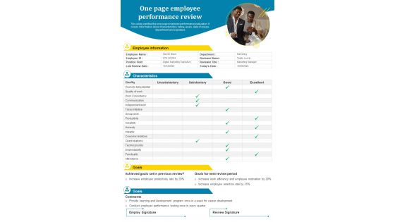 One page employee performance review presentation report infographic PPT PDF document