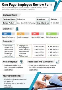 One page employee review form presentation report infographic ppt pdf document