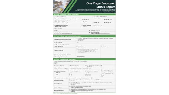 One Page Employer Status Report Presentation Report Infographic PPT PDF Document