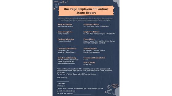 One Page Employment Contract Status Report Presentation Infographic Ppt Pdf Document