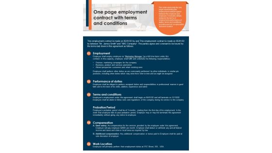 One Page Employment Contract With Terms And Conditions Presentation Infographic PPT PDF Document