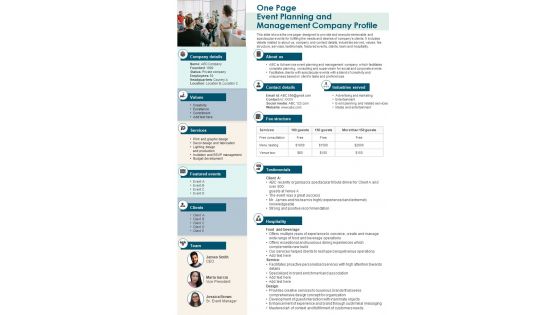 One Page Event Planning And Management Company Profile Presentation Report Infographic PPT PDF Document