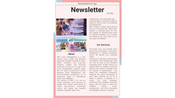 One Page Event Planning Business Newsletter Presentation Report Infographic PPT PDF Document