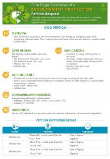 One page examples of a environment protection petition request presentation report infographic ppt pdf document
