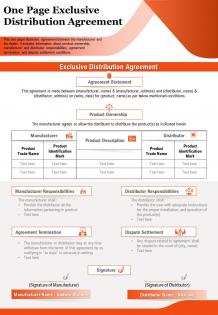 One page exclusive distribution agreement presentation report infographic ppt pdf document