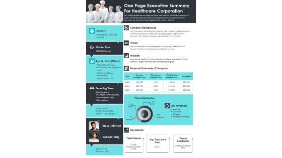 One Page Executive Summary For Healthcare Corporation Presentation Report Infographic PPT PDF Document
