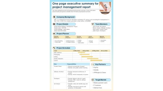 One Page Executive Summary For Project Management Report Presentation Infographic Ppt Pdf Document