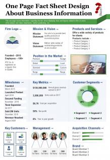One page fact sheet design about business information report ppt pdf document