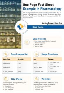 One page fact sheet example in pharmacology presentation report infographic ppt pdf document
