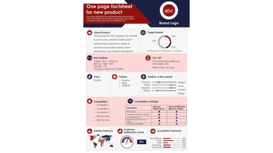 One Page Factsheet For New Product Presentation Report Infographic PPT PDF Document
