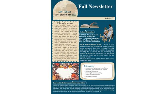One Page Fall School Newsletter Presentation Report Infographic Ppt Pdf Document