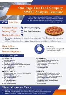 One page fast food company swot analysis template presentation report infographic ppt pdf document