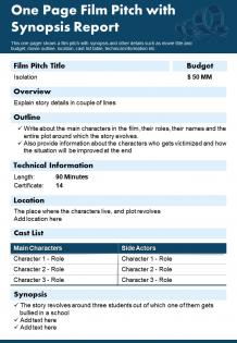 One page film pitch with synopsis report presentation report infographic ppt pdf document