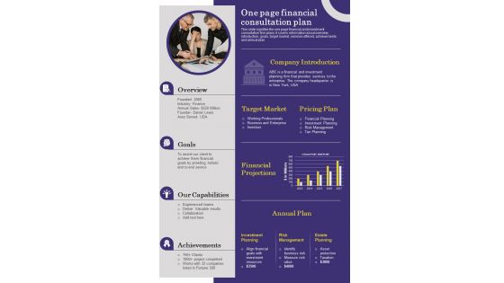 One Page Financial Consultation Plan Presentation Report Infographic PPT PDF Document
