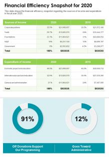 One page financial efficiency snapshot for 2020 presentation report infographic ppt pdf document