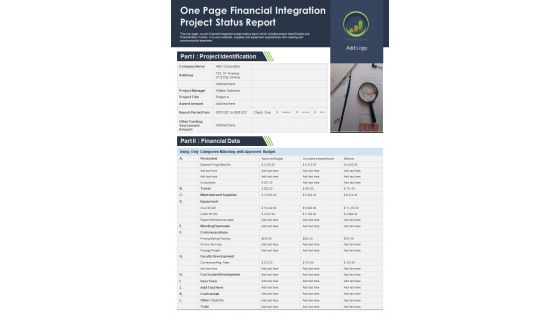 One Page Financial Integration Project Status Report Presentation Infographic PPT PDF Document