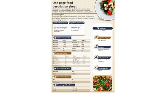 One Page Food Description Sheet Presentation Report Infographic PPT PDF Document