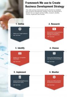 One page framework we use to create business development strategy infographic ppt pdf document
