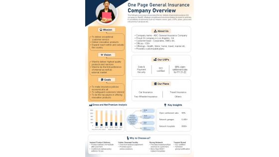 One Page General Insurance Company Overview Presentation Report Infographic PPT PDF Document