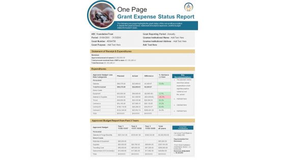 One Page Grant Expense Status Report Presentation Infographic Ppt Pdf Document