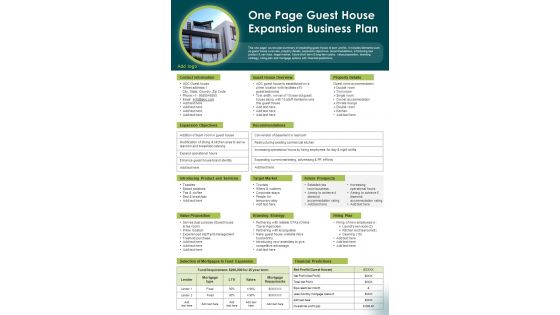 One Page Guest House Expansion Business Plan Presentation Report Infographic PPT PDF Document
