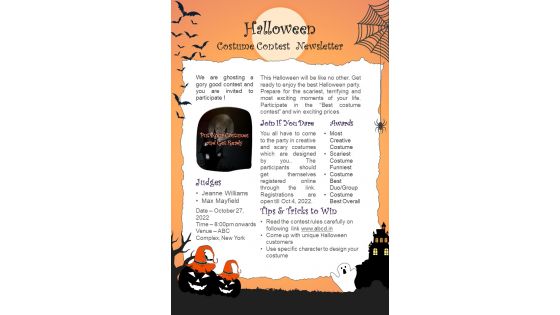 One Page Halloween Costume Contest Newsletter Presentation Infographic Ppt Pdf Document