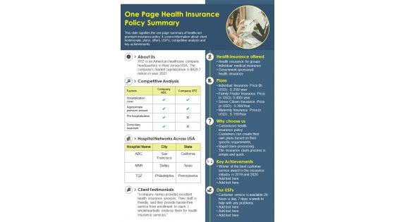 One Page Health Insurance Policy Summary Presentation Report Infographic Ppt Pdf Document