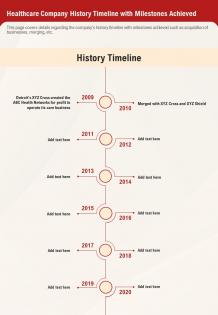 One page healthcare company history timeline with milestones achieved report infographic ppt pdf document