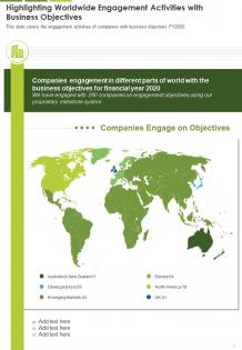 One page highlighting worldwide engagement activities with business objectives infographic ppt pdf document