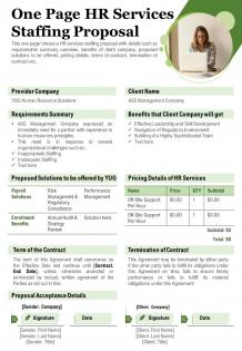 One page hr services staffing proposal report presentation report infographic ppt pdf document