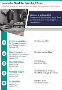 One page information about our executive officers infographic ppt pdf document