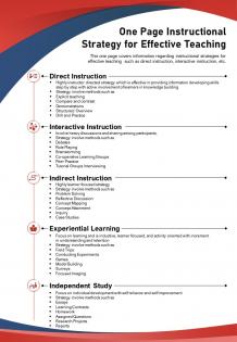 One page instructional strategy for effective teaching presentation report infographic ppt pdf document