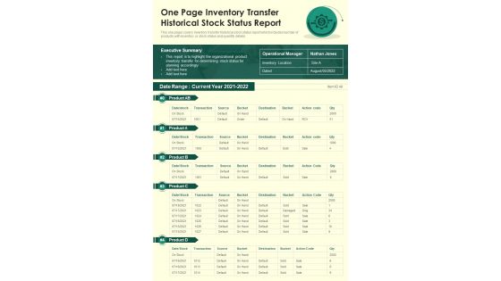 One Page Inventory Transfer Historical Stock Status Report Presentation Report Infographic PPT PDF Document