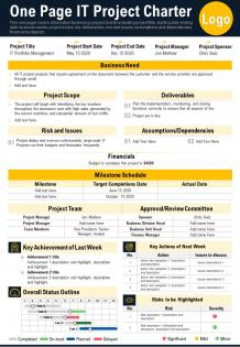 One page it project charter presentation report infographic ppt pdf document