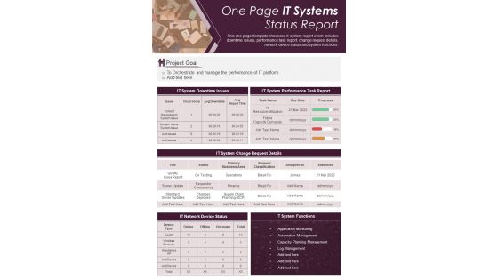 One Page IT Systems Status Report Presentation Infographic Ppt Pdf Document